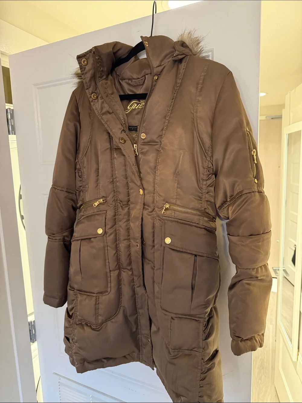Guess Brown Quilted Puffer Parka with Faux-Fur Trim Hood - Picture 2 of 8